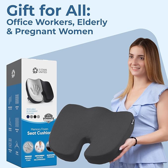 5 STARS UNITED Seat Cushion for Tailbone Pain Relief โ Large Memory Foam Lifting Pillow for Coccyx, Hip, Sciatica & Post-Surgery Recovery โ Wheelchair, Car, Desk, Gaming & Office Chairs, Dark Gray