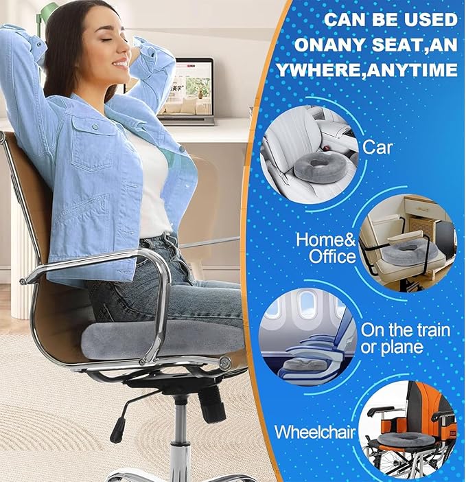 Donut Cushion Memory Foam Hemorrhoids Cushion for Postpartum & Coccyx & Tailbone Pain Pressure Relief for Office Chair, Wheelchair, Office, Car Seat (Grey)
