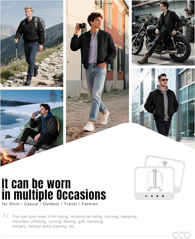 33,000ft Men's Bomber Jacket Waterproof Zip Up Windbreaker Quilted Padded Lightweight Warm Casual Spring Fall Winter Coat