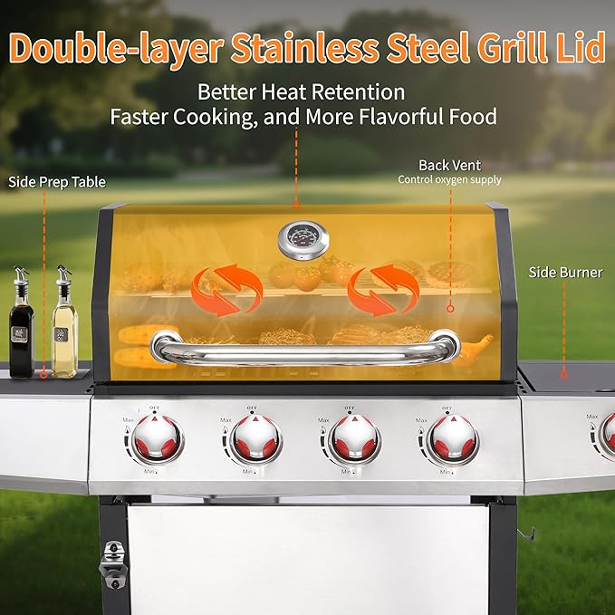 Cookit 4-Burner Gas Grill with Side Burner, 49,000 BTU Output - Double-layer Stainless Steel Grill Lid, Cast Iron Grates, Griddle & Charcoal Pan, Easy-Clean Grease Management for Perfect BBQs