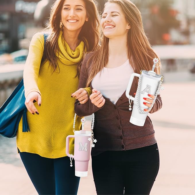 Cup Accessories Set for Stanley- Including Water Bottle Carrying Pearl Strap, Handle Letter Charms Sticker, Siliocne Boot Straw Cover for Stanley 40oz & 30oz Tumbler Accessory Kit H