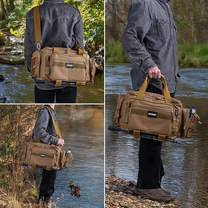 Goture Fishing Tackle Bag,Store Up to 4PCS 3700 Tackle Boxes(Not Included),600D Soft Side Water-Resistant Saltwater Gear Storage Fishing Bag with Rod Strap,Detachable Water Bottle Pouch,Gifts for Men
