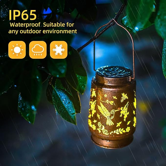 2 Pack Hummingbird Solar Lanterns Outdoor Waterproof Hanging Solar Lights Hummingbird Gifts for Women Men Mom Metal Decorative LED Lanterns Outside for Yard,Patio,Lawn,Tabletop,Pathway,Garden Decor