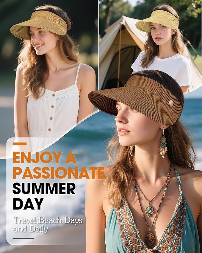 Sun Visor Hat for Women,Wide Brim Beach Hat UV Protection, Packable Straw Sun Visor Hat for Vacation,Summer