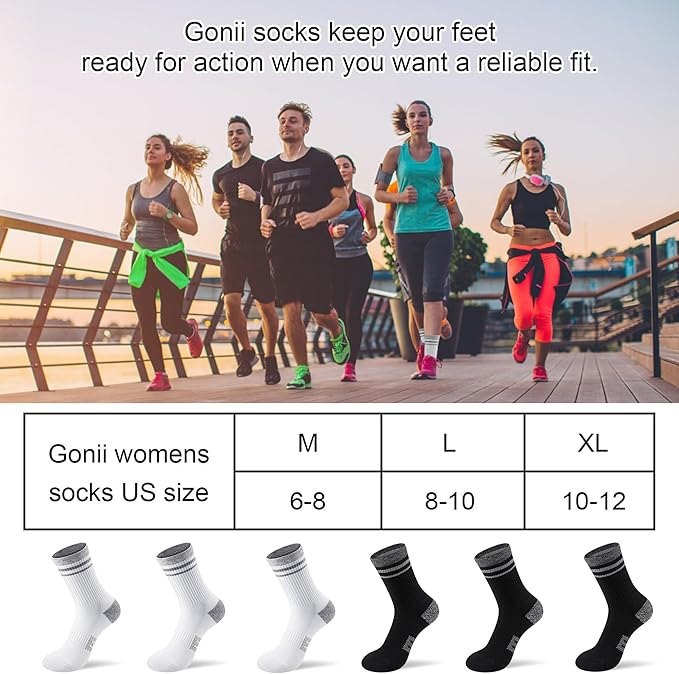 Gonii Women Athletic Crew Socks 5-6 Pairs - Comfort & Cushioned for Running, Hiking, Sports Arch Compression Socks