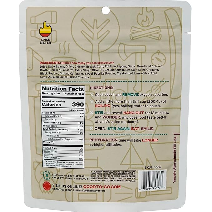 GOOD TO-GO White Bean Chicken Chili (6-Pack of Single Servings) | Camping & Backpacking Food | Just Add Water Backpacking Meals | Good To-Go Dehydrated Meals Taste Better Than Freeze Dried Food