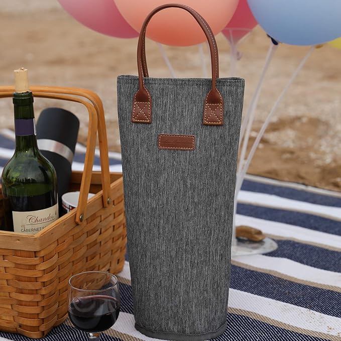 ZORMY Single Bottle Insulated Wine Tote, 1 Bottle Wine Carrier Bag Padded Wine Cooler Perfect Wine Lover's or Wedding Gift-Grey