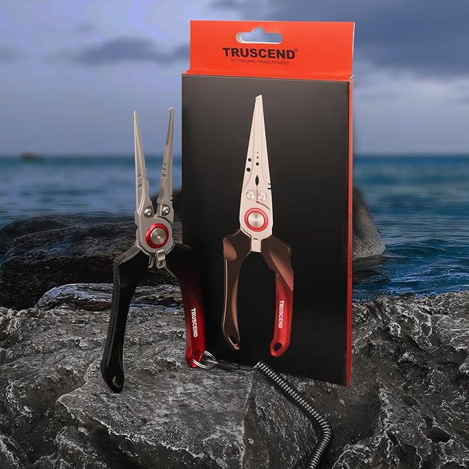 TRUSCEND Lockable Handy Fishing Pliers with Innovative Ergonomic Handle, Saltwater Corrosion Resistant Teflon Coated Fishing Tool, Multi-Function Fishing Gear with Mo-V Cutter