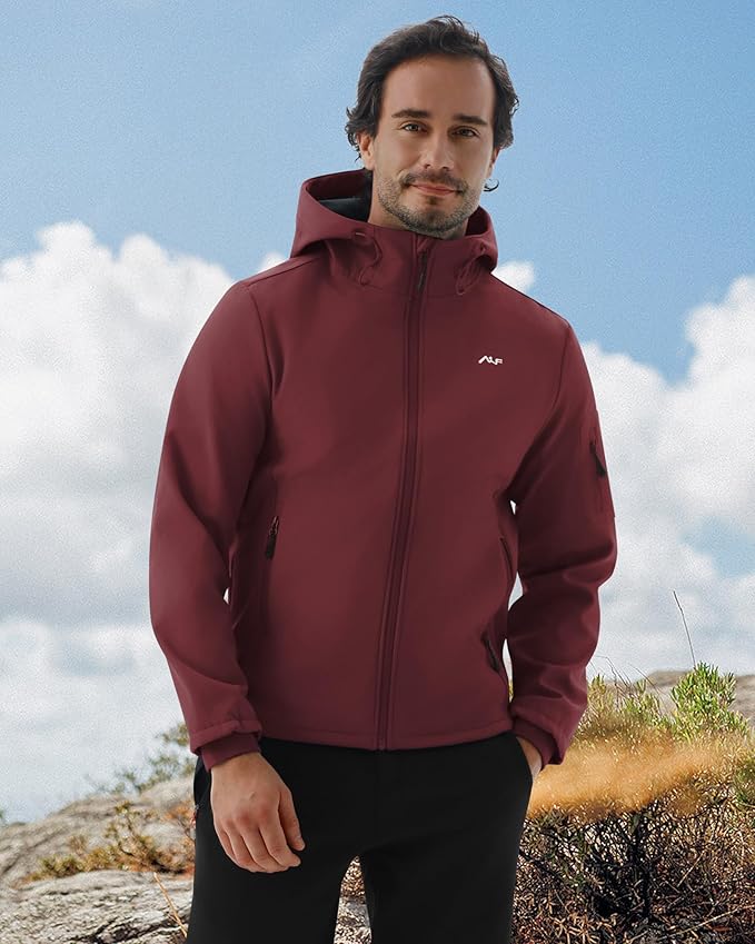 WULFUL Men's Lightweight Softshell Jacket Warm Fleece Lined Windbreaker Waterproof Soft Shell for Outdoor Hiking