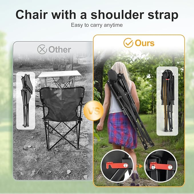 LET'S CAMP Oversized Camping Chairs 29.52" High Back Heavy Duty Lawn Chair Support 500LBS, Portable Collapsible Chair with Cup Holder, Side Pocket(Black)