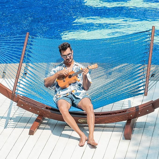Lazy Daze Hammocks 10.5 FT Double 2 Person Caribbean Rope Hammock, Hand Woven Polyester Hammock with Spreader Bars, for Outside Outdoor Backyard Patio Poolside,450 LBS Capacity,SkyBlue