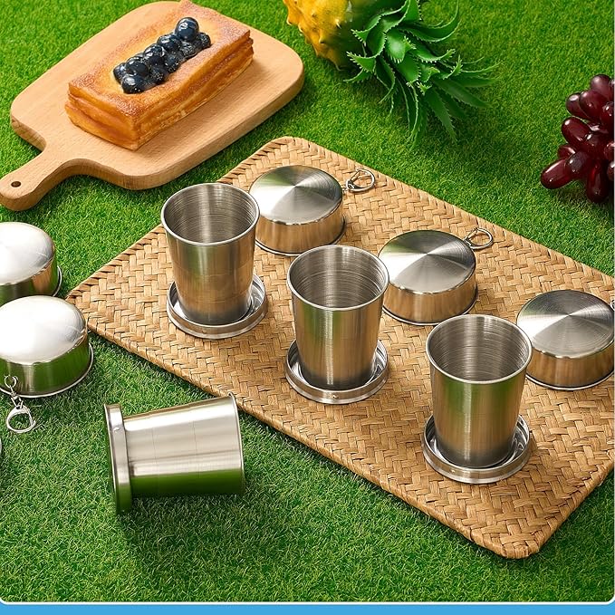 Tessco 6 Pieces Collapsible Shot Glasses Stainless Steel Collapsible Cup Reusable Portable Travel Folding Cup with Lid and Keychain for Camping Hiking Cycling(5 oz)