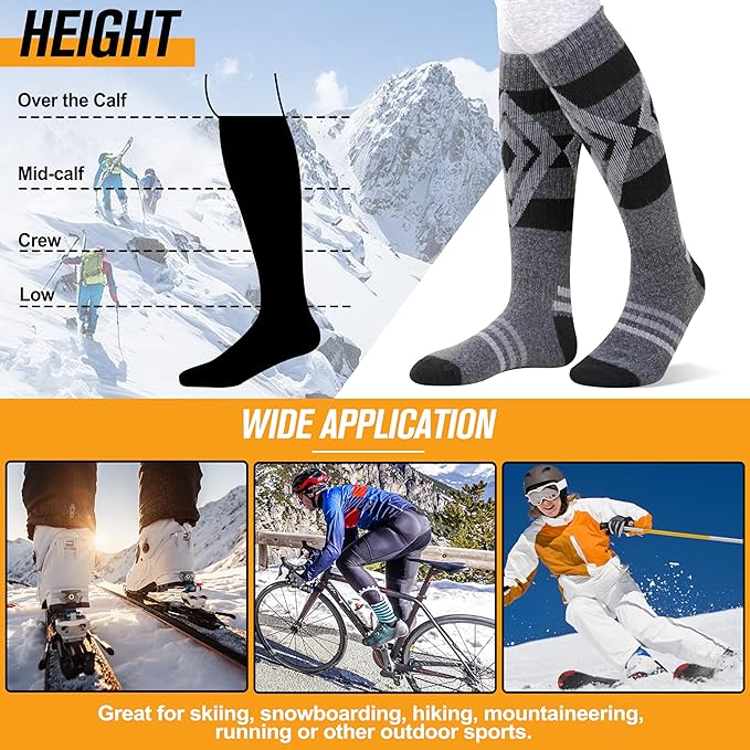 3 Pairs Merino Wool Ski Socks for Womens Mens Thermal Winter Warm Thick Knee High Socks for Skiing Snowboarding