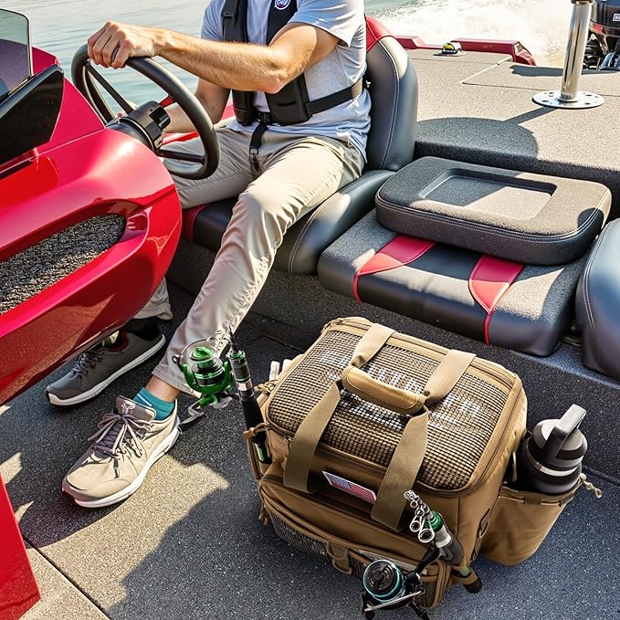 Ghosthorn Fishing Tackle Bag with Rod Holder Saltwater & Freshwater Resistant Large Tackle Box Bag - Waterproof Base, Adjustable Padded Shoulder Strap (Khaki)