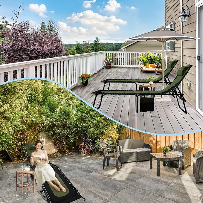 Outdoor Folding Lounge Chair Padded for Adults 264Ibs Patio Chaise Lounge Chair for Outside Adjustable 5-Position Reclining Beach Chair with Pillow Pocket