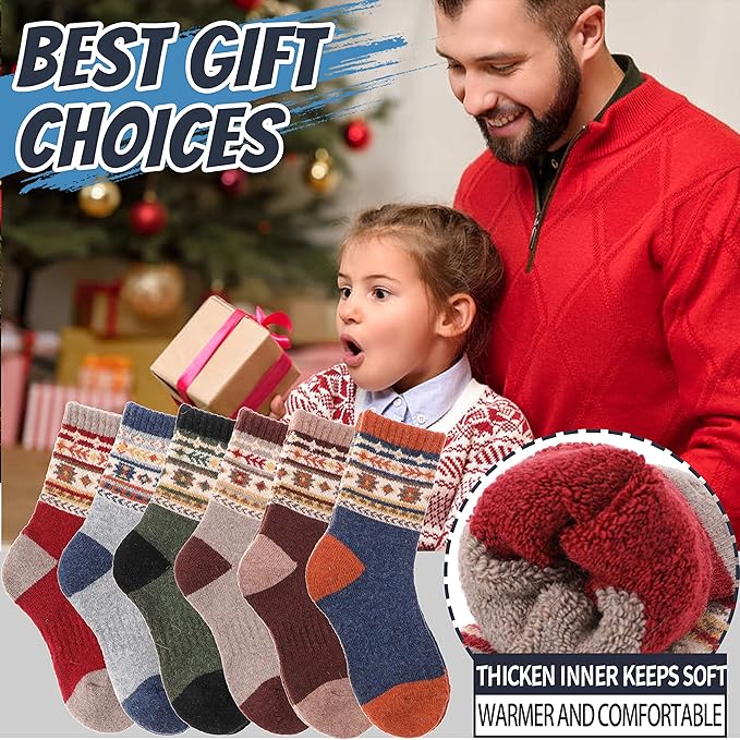 EBMORE Kids Merino Wool Hiking Socks Thermal Winter Warm Thick Boys Toddlers Girls Cushion Crew Socks 6 Pairs