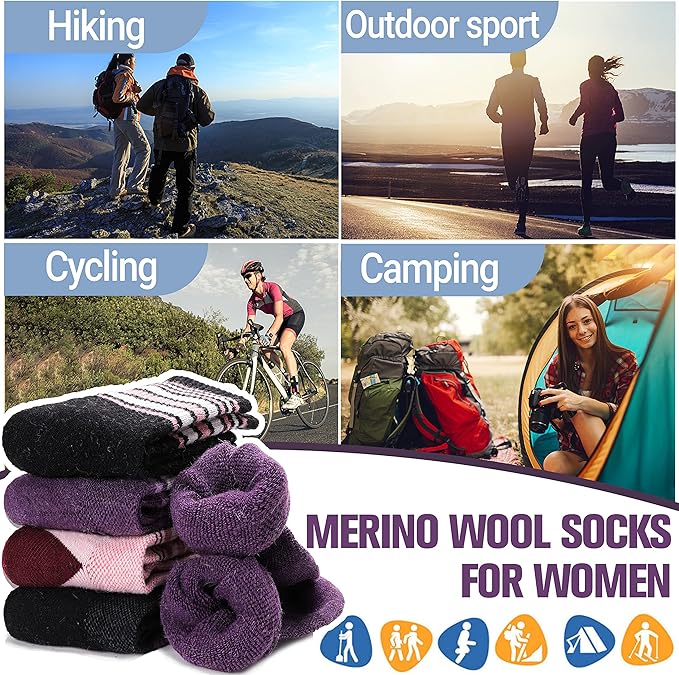 Anlisim Merino Wool Hiking Socks for Women Thermal Winter Warm Boot Work Cushion Socks 5 Pairs