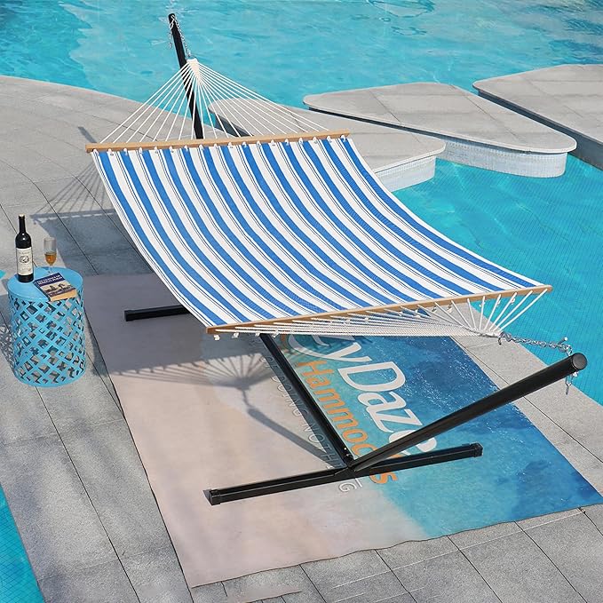 Lazy Daze Hammocks Quick Dry Hammock with Spreader Bar Textliene Fabric Double 2 Person Hammock with Chains Outdoor Patio Poolside Backyard Beach 450 lbs Capacity, Blue Stripes