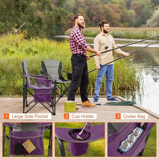 2 Pack Padded Oversized Camping Chairs for Adults,Heavy Duty Support 400 Lbs,Folding Portable Lawn Chair w/Cup Holder,Cooler Bag,Side Pocket,Perfect for Outdoor Picnic,Hiking(Purple&Black)
