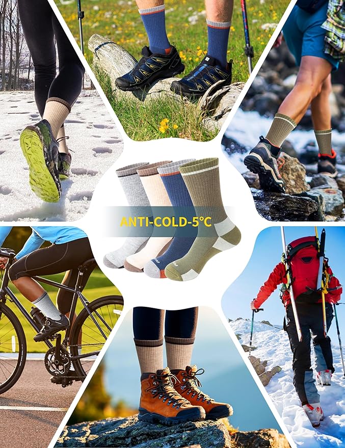 Wool Hiking Socks for Men - Women Lightweight Crew Merino Wool Socks with Cushion for Camping Hunting Work,4 pack