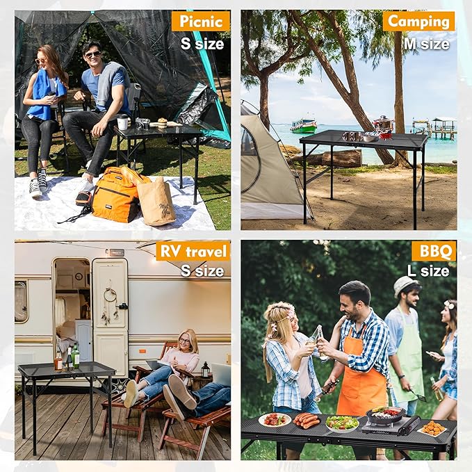 Camping Table with Mesh Desktop, Lightweight & Portable Folding Grill Table, Height Adjustable Metal Outdoor Table for Camp, Cooking, BBQ, RV, Picnic-3 FT Black