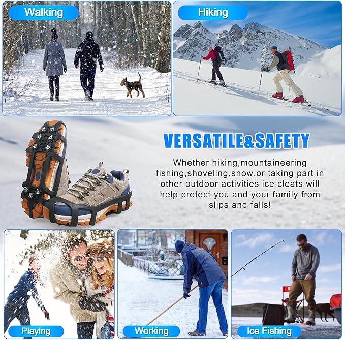 Crampons Ice Cleats for Shoes and Boots Snow Traction Cleats for Walking on Snow and Ice 9 Point Cleats Non-Slip Grippers Overshoe Silicone Stretch Footwear for Winter Hiking Climbing Ice Fishing