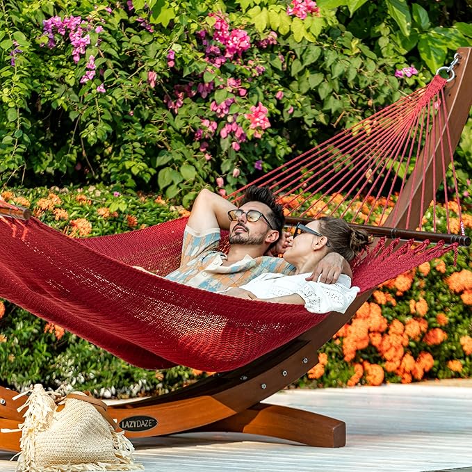 Lazy Daze Hammocks 10.5 FT Double 2 Person Caribbean Rope Hammock, Hand Woven Polyester Hammock with Spreader Bars, for Outside Outdoor Backyard Patio Poolside, 450 LBS Capacity,Red