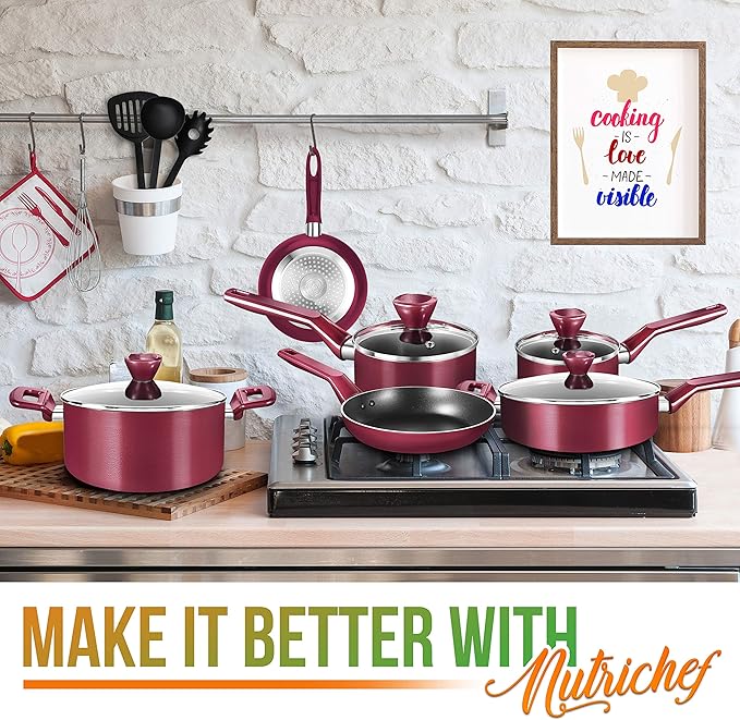 NutriChefKitchen 13-Piece Nonstick Kitchen Cookware Set - PTFE/PFOA/PFOS-Free Heat Resistant Kitchen Ware Pots Pan Set w/Saucepan, Frying Pans, Cooking Pots, Casserole, Lids, Ladle, Fork, Strainer