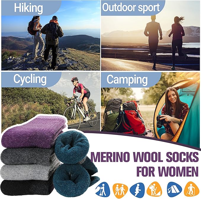 Anlisim Merino Wool Hiking Socks for Women Thermal Winter Warm Boot Work Cushion Socks 5 Pairs
