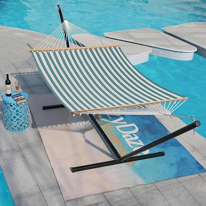 Lazy Daze Hammocks Quick Dry Hammock with Spreader Bar Textliene Fabric Double 2 Person Hammock with Chains Outdoor Patio Poolside Backyard Beach 450 lbs Capacity, Green Stripes