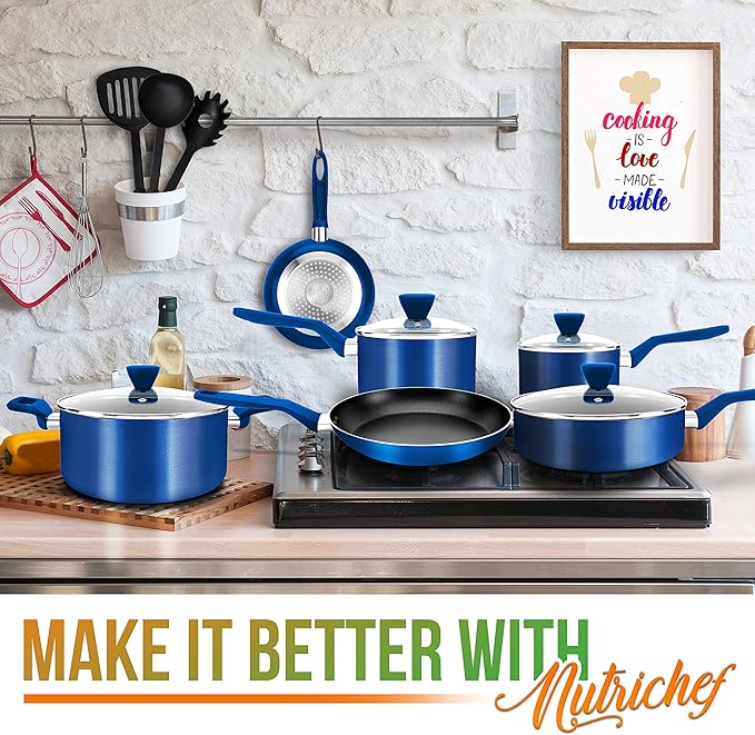 NutriChef Kitchenware Pots & Pans - Stylish Kitchen Cookware Set, Non-Stick 13-Piece Set, Blue, NCCWA13BU.5