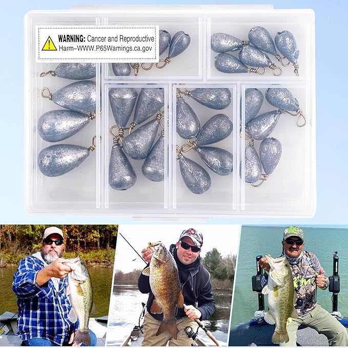 Fishing Weights Sinker Kit-30pcs Assorted Bass Casting Sinker Weights Bell Sinkers Drop Shot Weights with Brass Swivels for Saltwater Freshwater Fishing