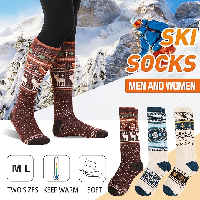 3 Pairs Merino Wool Ski Socks for Womens Mens Thermal Winter Warm Thick Knee High Socks for Skiing Snowboarding