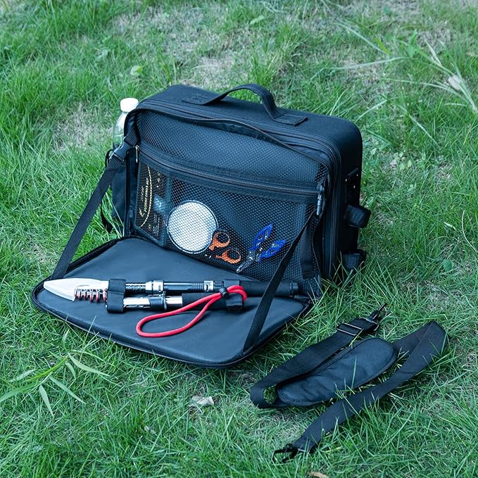 Goture Fishing Tackle Bag with Rod Straps & Removable Dividers, Water-Resistant 600D PVC, Water Bottle Pocket, 3-Layer Reel & Gear Storage Suitcase for Coarse, Black Fishing Bag