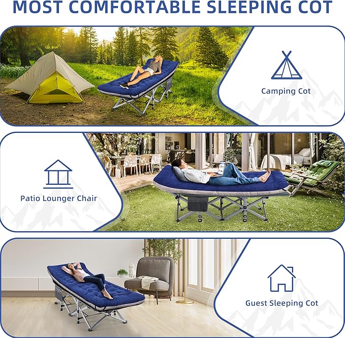 Camping Cot, Sleeping Cots for Adults, Portable Camping cots with Mattress, Pillow and Carry Bag, 1200D Double Layer Oxford, 600 LBS Weight Capacity Cots for Sleeping (Blue)