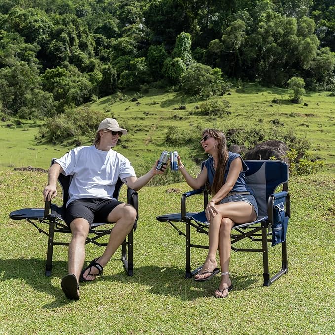 SUNNYFEEL Oversized Camping Directors Chair Blue Portable Folding Chair for Adults Support 600lbs with Side Pocket and Side Table for Beach, Fishing, Trip, Picnic, Lawn, Outdoor Foldable Camp Chairs