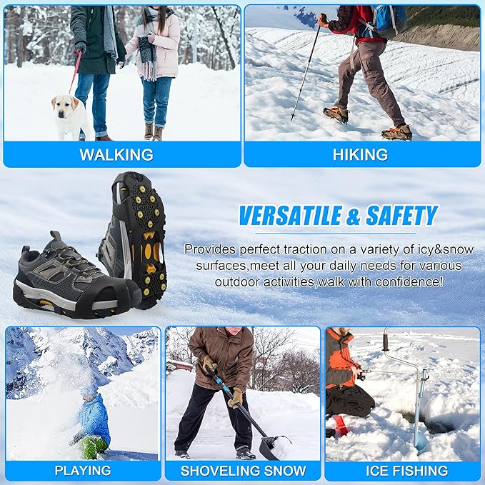 2 Pairs Ice Snow Grips Over Shoe Boots Traction Cleats Crampons for Walking on Ice&Snow Anti Slip Cleat Fasten Quickly Easily Over Footwear