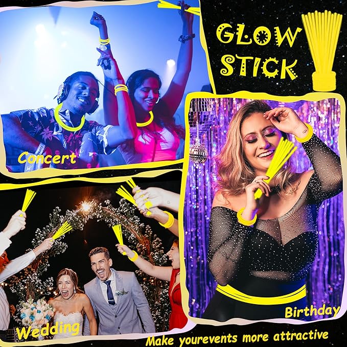 ILHSTY 100 pk Glow Sticks Bulk Party Favors and Decorations - 8" Glow in the Dark Party Supplies For Halloween Neon Party Light up Glow sticks Necklaces & Bracelets (Yellow*100)