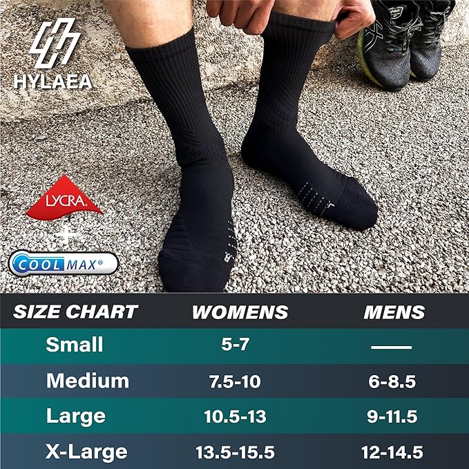 Hylaea Compression Running Socks for men, Coolmax Anti-Blister Cushion Crew Socks for Athletic, Moisture Wicking & Seamless