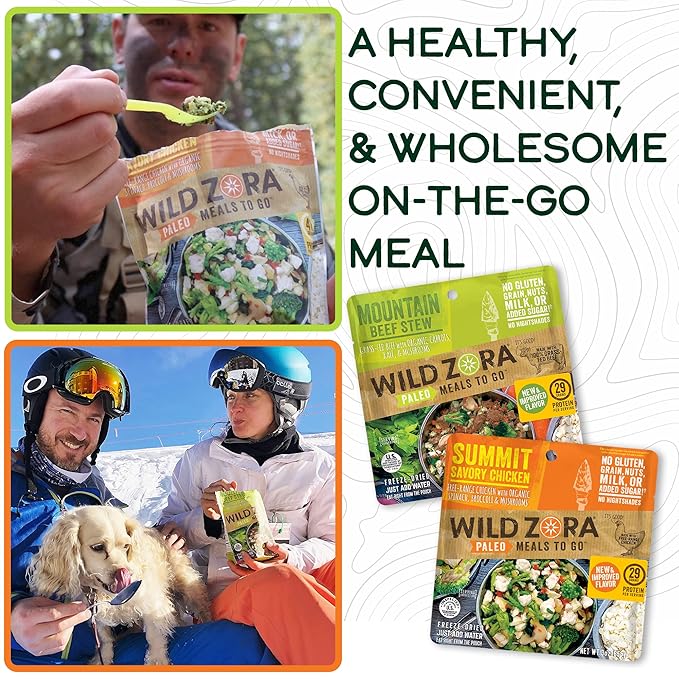 Wild Zora Paleo Freeze Dried Meals for Backpacking & Camping - Healthy Gluten Free & Grain Free Camping Meals/Backpacking Food + No Added Sugar - Great for Travel (AIP 4-pack)