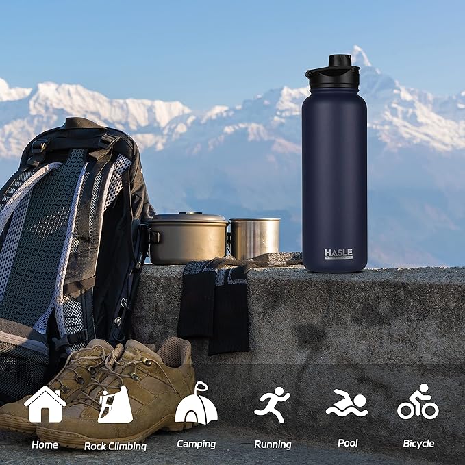 HASLE OUTFITTERS 40oz Stainless Steel Water Bottle, Vacuum Insulated Double Walled Leak Proof Sports Water Bottle with 2 Lids (Straw and Spout Lid) Thermo Mug Keep Cold and Hot(Navy,4)