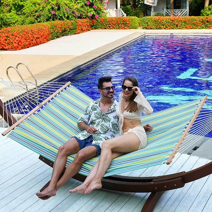 Lazy Daze Hammocks Quick Dry Hammock with Spreader Bar Textliene Fabric Double 2 Person Hammock with Chains Outdoor Patio Poolside Backyard Beach 450 lbs Capacity, Blue Green Stripes