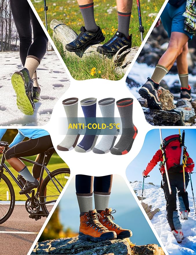 Wool Hiking Socks for Men - Women Lightweight Crew Merino Wool Socks with Cushion for Camping Hunting Work,4 pack