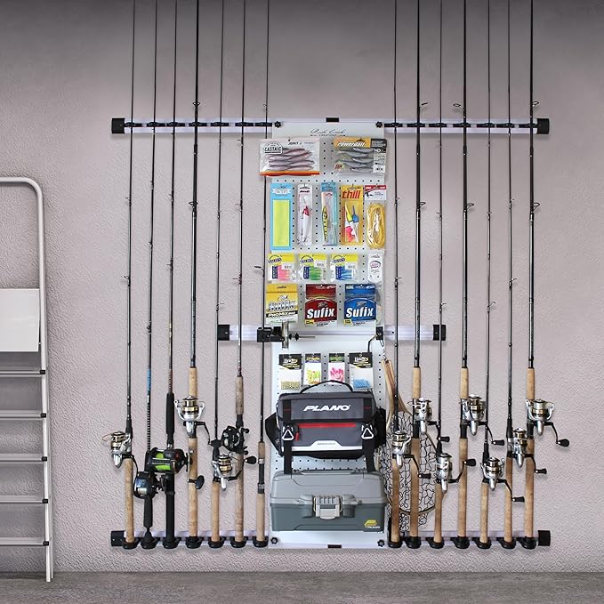 Rush Creek Creations - Fishing Rod Holder for Garage, Fishing Pole Rack Wall Mount & Tackle Storage, No Limit Vertical Fishing Rod Rack Holder, Modular Wall Unit, Fishing Pole Rods Rack