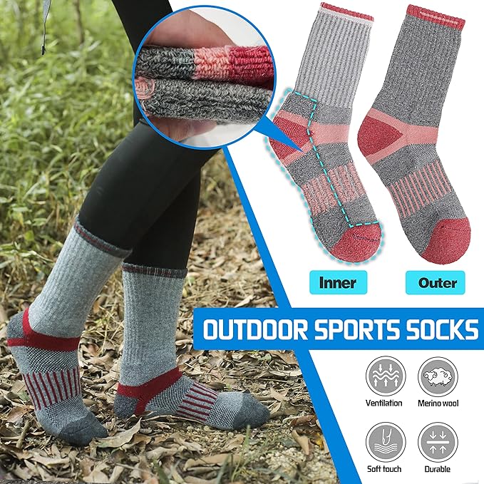 5 Pairs Merino Wool Hiking Socks Warm Thermal Winter Cozy Cushioned Moisture Wicking Socks for Women & Men