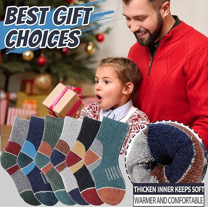 EBMORE Kids Merino Wool Hiking Socks Thermal Winter Warm Thick Boys Toddlers Girls Cushion Crew Socks 6 Pairs