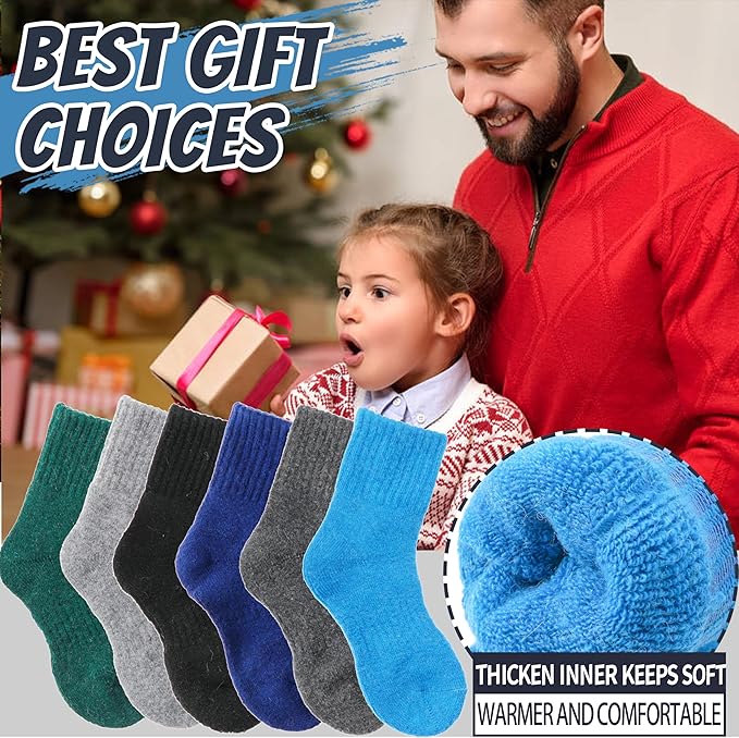 EBMORE Kids Merino Wool Hiking Socks Thermal Winter Warm Thick Boys Toddlers Girls Cushion Crew Socks 6 Pairs