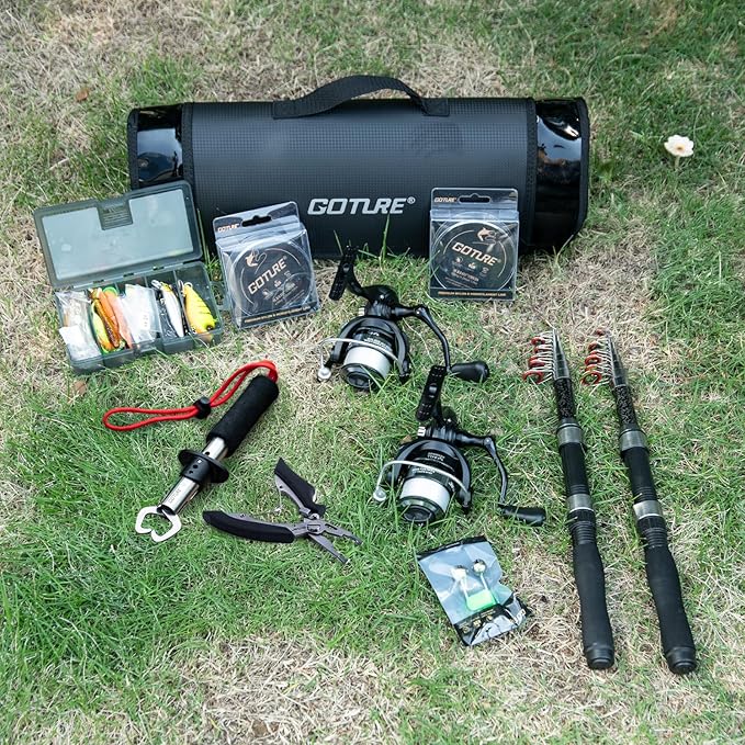 Goture Fishing Rod and Reel Combos-2PCS Telescopic Fishing Pole+2PCS Pre-Loaded Spinning Reels with Carrier Bag,1.8M-2.7M Telescopic Rod Reel Kit for Starter Travel Saltwater Freshwater,Gifts for Men