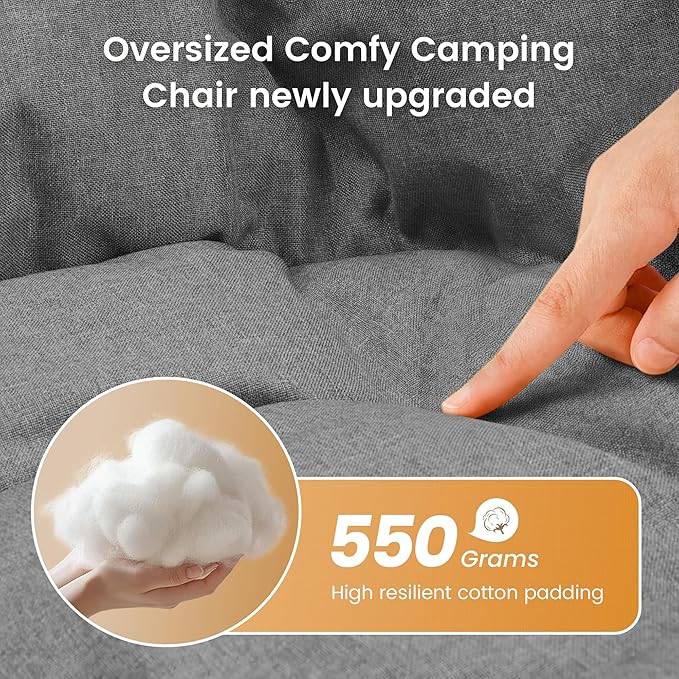 OUTDOOR LIVING SUNTIME Oversized Padded Comfy Camping Chair with Removable Footrest, Weight Capacity 400 LBS, Heavy Duty Moon Round Leisure Folding Chair for Camping, Hiking, Carry Bag, Orange