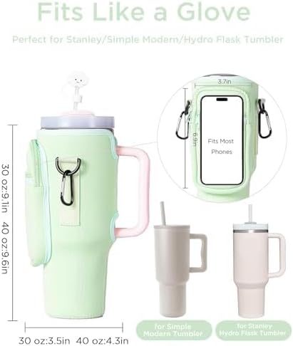 dabria Water Bottle Carrier Bag with Phone Pocket for Stanley 40/30 oz Tumbler Neoprene Water Bottle Holder Pouch with Adjustable Strap Bollus with Straw Cover & Carabiner for Stanley Cup Accessories